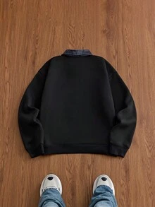 SWAVVY 男士休閒寬鬆版標準尺寸長袖運動衫 黑色刺繡 Polo 領 春秋款 - 黑色 - 查看 5