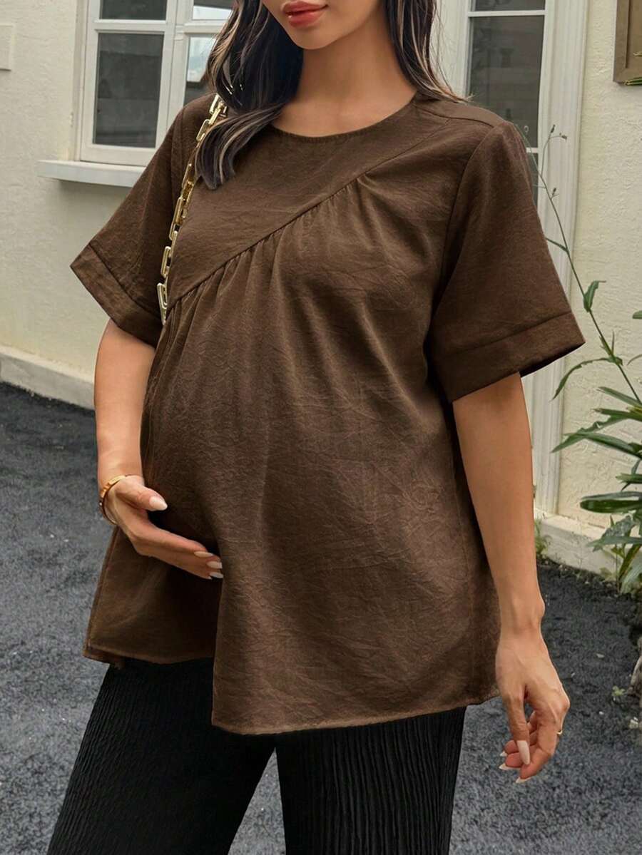 DAZY White Round Neck Short Sleeve Pullover Top, Versatile Spring/Summer Daily Wear Maternity Shirt - Brown - View 1