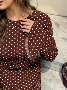 Easura Plus Size Polka Dot Flare Sleeve Mermaid Hem Dress Fall - Brown - View 3
