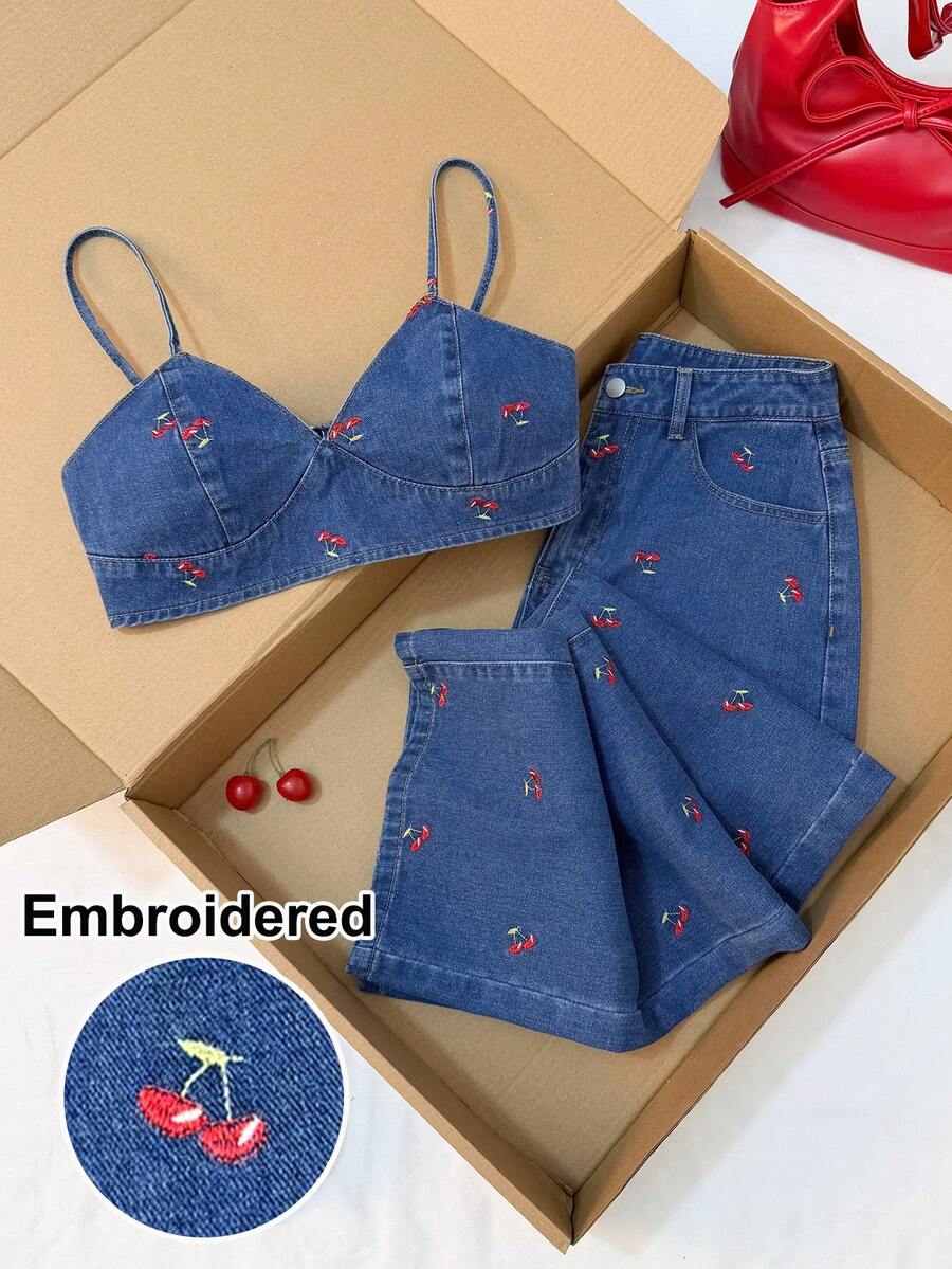 Comfortcana Women's Cherry Embroidered Ultra Short Camisole & Denim Pants Set Summer Clothes Back To School Beach Set Casual Set For Ladies Y2k Set Country Set - Medium Wash - View 1