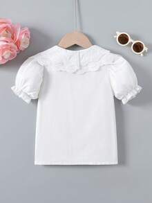 SHEIN 1件女童夏季白色甜美蕾絲雙層彼得潘領泡泡短袖襯衫，適合日常穿著、外出、約會、野餐、購物 - 白色 - 查看 2