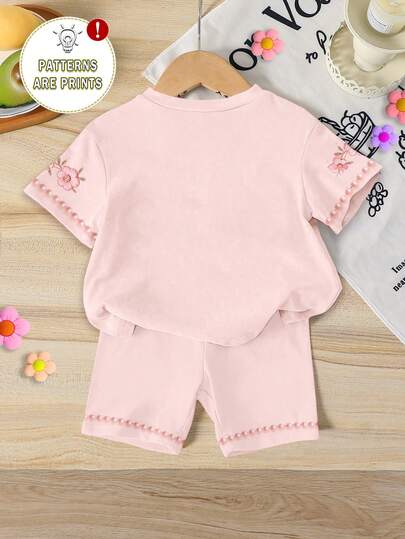 SHEIN Sparklyn 2pcs Baby Girl Summer Cute 3D Embroidered Large Flower Pearl Print Casual Minimalist Short Sleeve Round Neck T-Shirt And Slim Fit Matching Shorts Set, Outdoor Cute Summer Baby Girl Outfit, Korean Style, Back To School