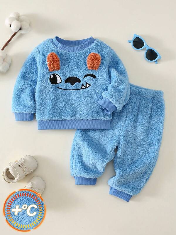 SHEIN Unisex Baby Boy, Toddler Autumn/Winter Thermal Lined Thickened Cute Animal Design Plush Sweatshirt Set, Halloween