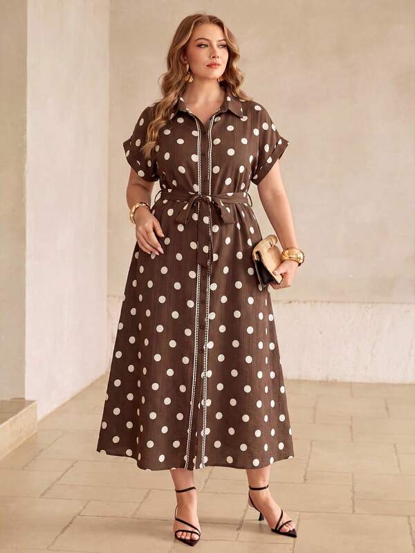 Roveilla Plus Size Women's Spring/Summer French Chic Luxury Elegant Minimalist High-End Design Casual Bohemian Vacation Office Commute Old Money Style Comfortable Printed Polka Dot Round Dot Shirt Collar Button Front Dolman Sleeve Dropped Shoulder Cuffed Sleeve Lace Trim Long Dress