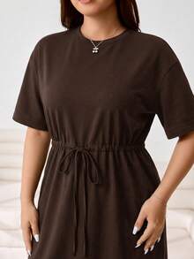 Solflare Brown Drawstring Waist Plus Size Dress Birthday Brunch Bussines Office Teacher Summer Casual - Chocolate Brown - View 3