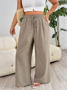 SHEIN PETITE CURVE 大尺碼休閒寬鬆度假長褲 - 駝色 - 查看 3