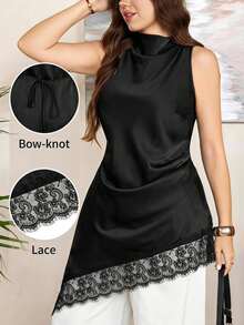 Comfylo Plus Size Women's Cowl Neck Lace Patchwork Asymmetrical Hem Elegant Sleeveless Top - Black - View 7