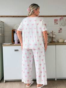Slumberry CURVE Plus Size Women Sweet INS Heart Tulip Ditsy Floral Short Sleeve Long Pants Pajama Set - Pink - View 2