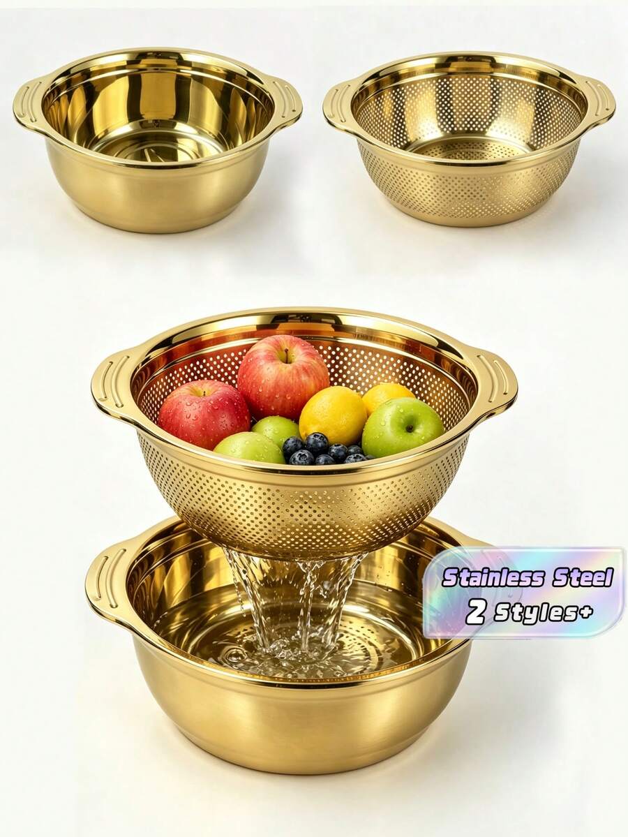 A Set Of Golden Practical Stainless Steel Drainage Baskets, Suitable For Kitchen Rice Washing Strainers, Dish Sinks, Funnel Basins, Soup Basins, With Thickened Stainless Steel. High-Quality Material, Anti-Corrosion And Rust-Proof, Good Storage. - Golden Drain Net - View 1