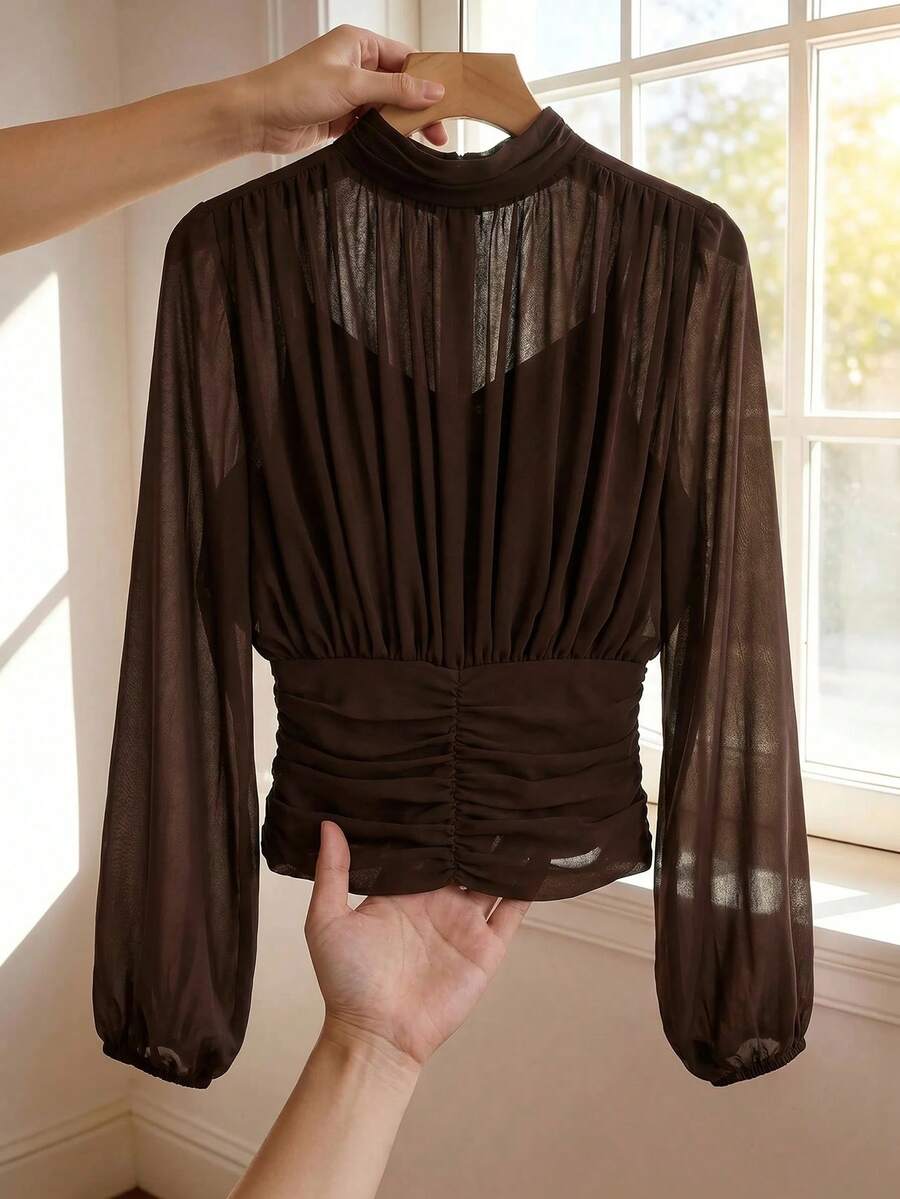 SHEIN Clasi 女款素色百褶休閒百搭日常穿著襯衫 - 咖啡棕 - 查看 1