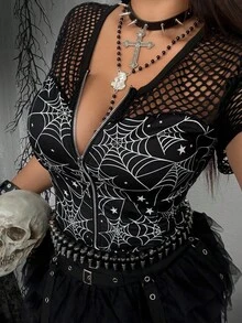 SHEIN CURVE+ Plus Size Punk Gothic Sexy Halloween Spider Web Print Mesh Patchwork Fitted T-Shirt Night Out Club Black Summer - Black - View 4