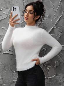 INAWLY Sweater Rajut Wanita Lengan Panjang Kerah Tegak Warna Polos, Sweater Pullover Rajut Musim Gugur/Dingin - Putih - View 1