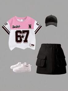 SHEIN Elladie kids Tween女孩 2件組 8-12歲圓領甜酷風數字印花短袖上衣 + 黑色工裝迷你裙 - 彩色 - 查看 4