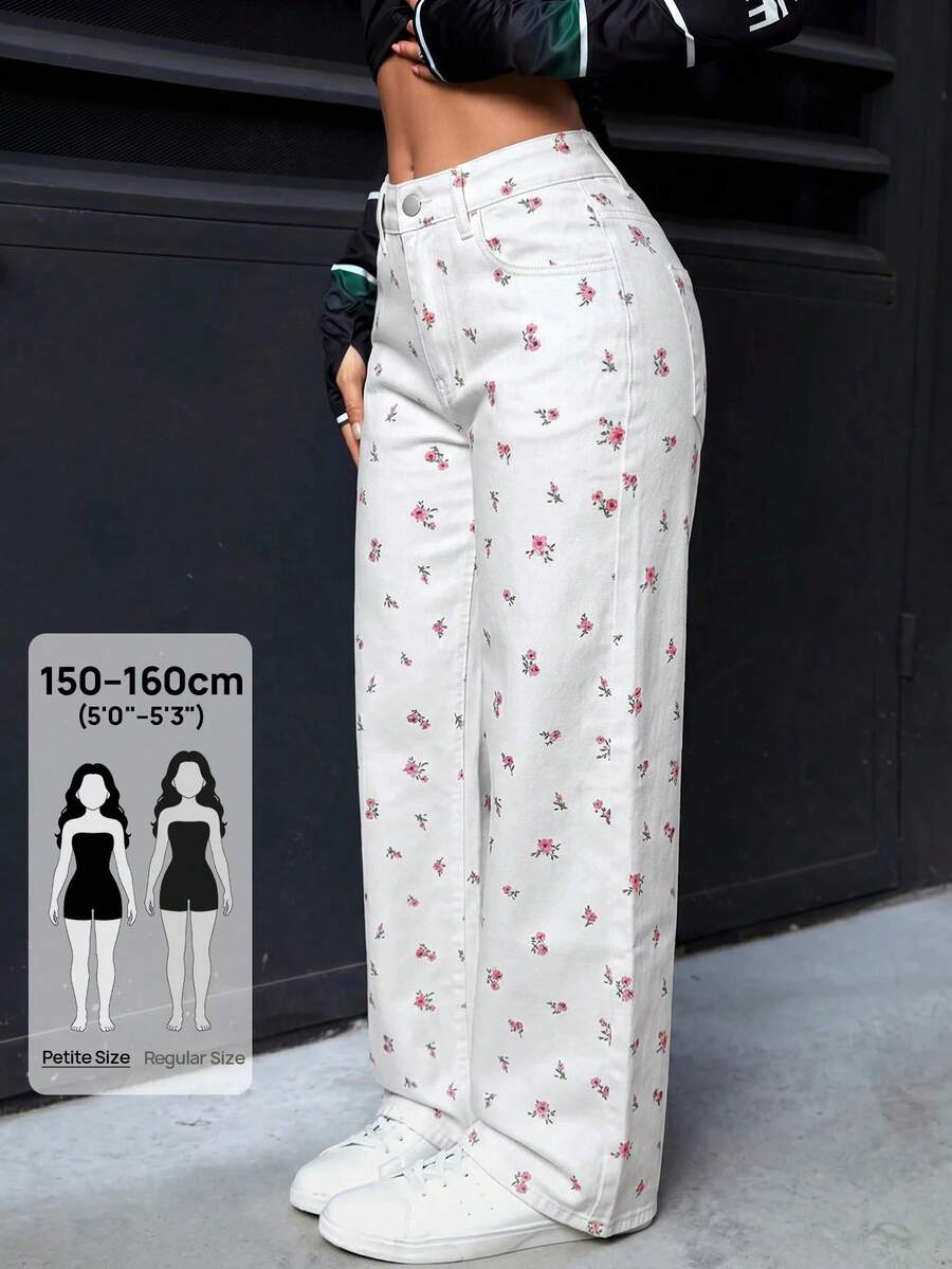 SHEIN PETITE 女款碎花口袋寬腿寬鬆休閒牛仔褲,小個女款 - 白色 - 查看 1