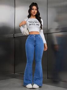 SHEIN Tall 女款純色口袋休閒百搭喇叭褲牛仔褲，適合高個女性 - 中等水洗藍 - 查看 4