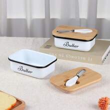 1 Pc Iron Butter Dish With Wooden Lid & Butter Knife, Small Cheese Storage Container For Restaurant, Kitchen & Home Use - Multicolor - View 5