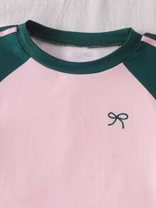 SHEIN 2 piezas/Set Conjunto de manga corta y pantalones largos para adolescentes, lazo rosa, adecuado para primavera/verano, deportes & desplazamientos - Verde Oscuro - Ver 3