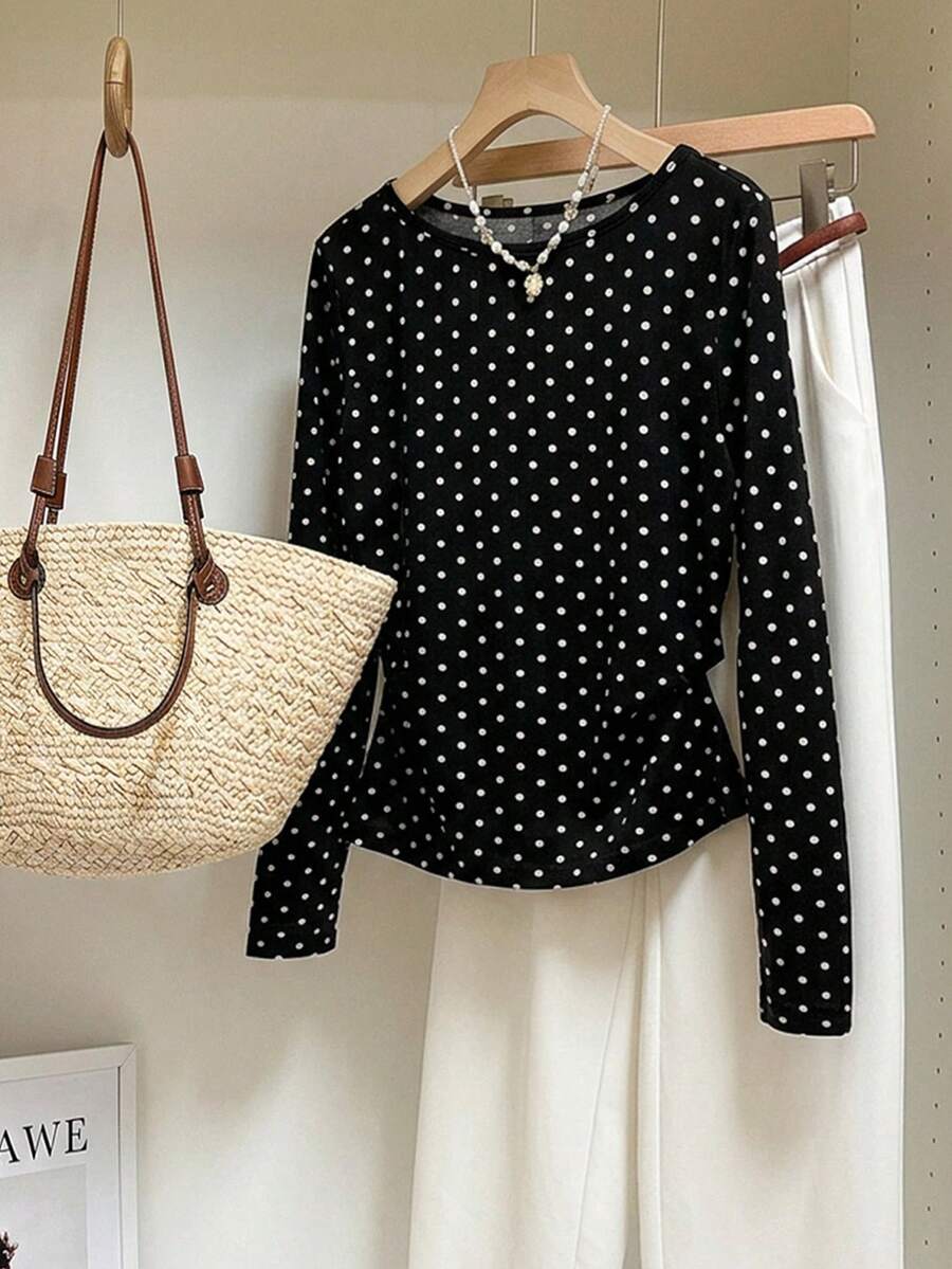 Tseoso Women's Polka Dot Casual Vintage Versatile Daily Long Sleeve T-Shirt Office Black And White Polka Dot Autumn - Black - View 1