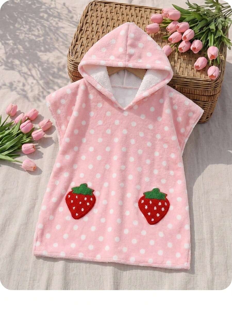 SHEIN 女嬰可愛休閒粉色波點毛茸茸草莓圖案連帽居家服 秋季 - 粉色 - 查看 1