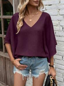 EMERY ROSE Casual Solid Color Batwing Sleeve Shirt, Summer Holiday Vacation Dark Purple - Purple - View 8