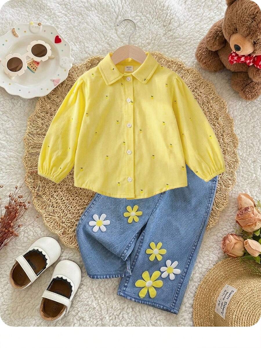 SHEIN Blouse à manches longues jaune décontractée pour jeune fille avec imprimé citron et rayures verticales, chemise élégante et confortable, accessoires jaunes pour fille - Jaune citron - Voir 1