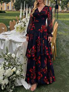 Amorya 女款秋冬V領多層喇叭袖高腰長洋裝，黑色花卉浪漫休閒優雅風，適合婚禮、晚餐、度假賓客與派對 - 彩色 - 查看 3