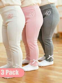 SHEIN Vintaside Kids 3件組女童內搭褲 粉色+白色+灰色愛心印花 夏季/秋季休閒度假長褲 簡約甜美風 直筒寬鬆版型 - 淺粉色 - 查看 2