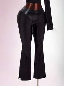 Amplova Women's Triangle Patchwork Suede Sporty Sexy Tight-Fitting Bodycon Waist-Cinching Low-Waist Skinny Long Pants Halloween Club Black Autumn - Black - View 9