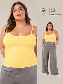 SHEIN BASICS 大尺碼純色圓領細肩帶背心上衣 女款夏季上衣 夏日穿搭 - 鵝黃色 - 查看 7