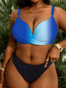 Slaydiva Plus Size Molded Cup Gradient Print Bikini Top - Blue - View 5