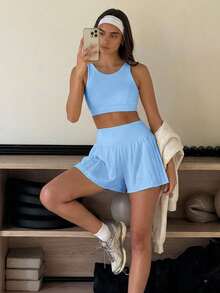 Fluxe Women's Solid Color Elastic Waist Pleated Design Loose Fit Athletic Shorts - Blue - View 9