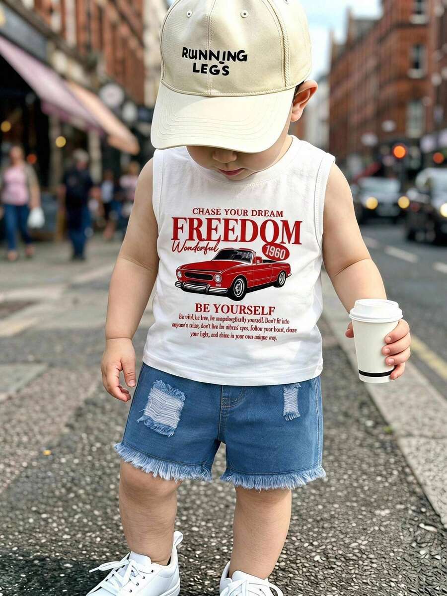 SHEIN 2pcs/Set Baby Boy Summer Casual Street Style Car Print Tank Top & Denim Shorts Outfit - Multicolor - View 1