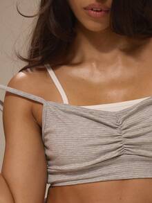 MUSERA Grey Double Layered Stripe Ruched Bust Strappy Cropped Bralette Top Only Daily Lingerie Sexy Cute Underwear Pajama Muse In Her Era - Light Grey - View 6