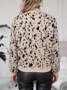 SHEIN LUNE Vintage Printed Baseball Collar Zipper Ribbed Hem Short Flight Jacket - Khaki - View 2