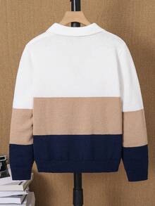 SHEIN 兒童青少年男孩休閒韓系學院風 Polo 領套頭針織毛衣，適合通勤、上學、日常休閒穿著、運動，適用秋冬 - 白色 - 查看 6