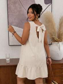 Lounesse Plus Size Summer Casual Striped Back Tie Ruffle Hem Dress - Multicolor - View 2