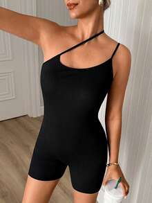 Women's Solid Color Casual Daily Outing Camisole Romper - Black - View 5