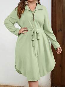 EMERY ROSE Vestido Camisa de Manga Larga Unicolor de Un Solo Botón para Mujer Talla Grande - Verde - Ver 1