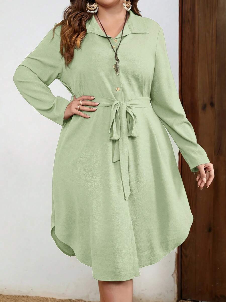 EMERY ROSE Vestido Camisa de Manga Larga Unicolor de Un Solo Botón para Mujer Talla Grande - Verde - Ver 1