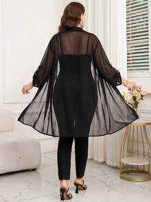 Reflora Plus Size Women's Solid Color Rolled Sleeve Single-Breasted Long Shirt - Black - View 2
