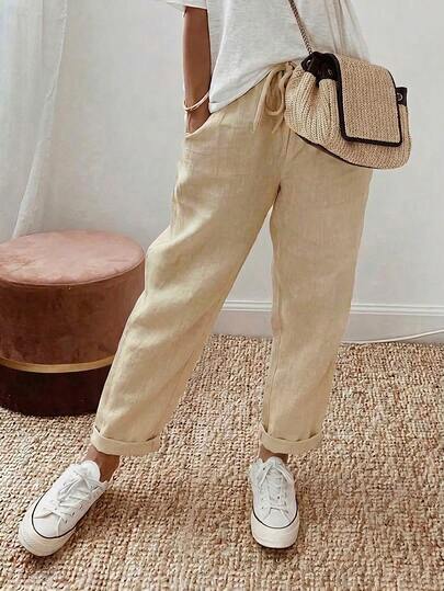 EMERY ROSE Pantalones largos casuales de mujer de unicolor con lazo en la cintura y bolsillos para vacaciones en otoño color beige