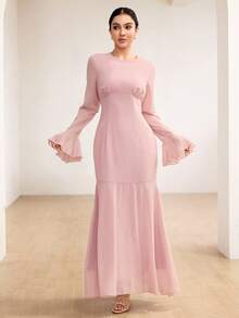 Graceveil Elegant Polka Dot High Neck Flared Sleeve Cinched Waist Mermaid Dress - Pink - View 7