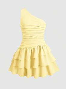 SHEIN Tween Girl Summer Casual Vacation Minimalist Comfortable Layered Ruffle Hem Strapless Puff Dress, Tween Girl Outfit, Girls Dress Suitable For Multiple Occasions, Wearable All Seasons - Yellow - View 3