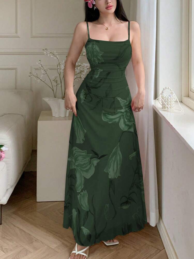 spaghetti strap ruched waist mesh bridesmaid dress Modelyn Women's Printed Cowl Neck Summer Sexy Sleeveless Dress Length