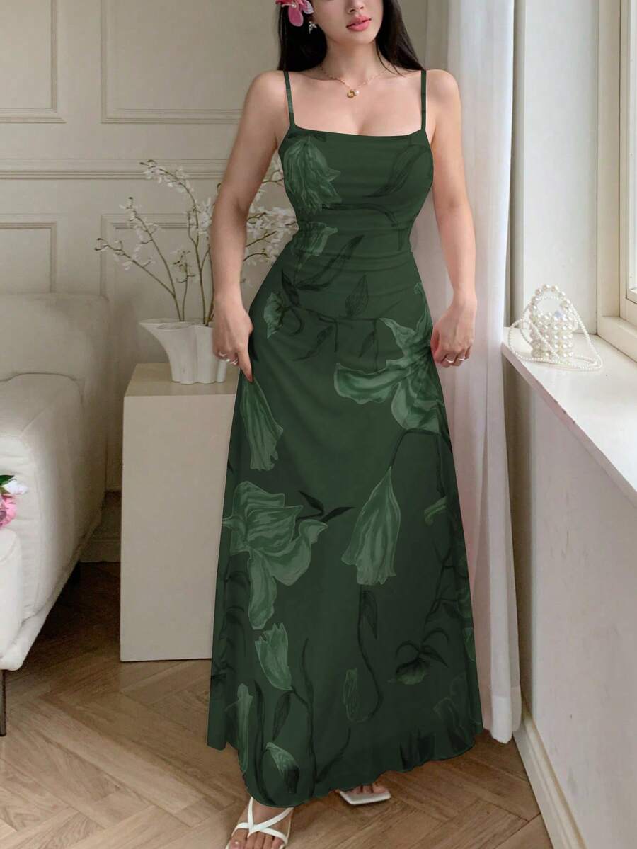 Modelyn 女款網紗印花細肩帶垂領抓皺腰性感夏季洋裝 - 墨綠色 - 查看 1