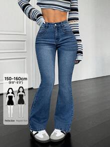 SHEIN PETITE Jeans de pierna acampanada con bolsillos diagonales lavados versátiles y de moda para mujeres, para mujeres de talla pequeña - Azul - Ver 1