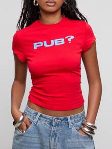 COUREZ Short Sleeve Slogan Print Baby Tee / Y2K Graphic Tee Print Tee Fall Winter Outfits Cute Tops Crop Top Short Sleeve Tops For Women Going Out Tops - Red - View 6