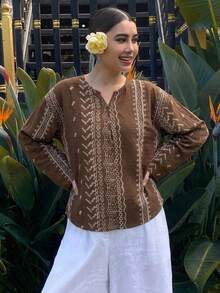 Dazy Tall Blus Pullover Wanita Leher Bulat Lengan Panjang Longgar Motif Bunga Gaya Liburan Musim Panas Cokelat Boho - Coklat - View 4