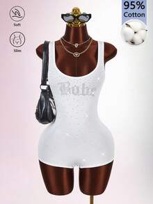 Amplova Women's Large Scoop Neck Rhinestone Decorated Sleeveless Bodysuit - White - View 4