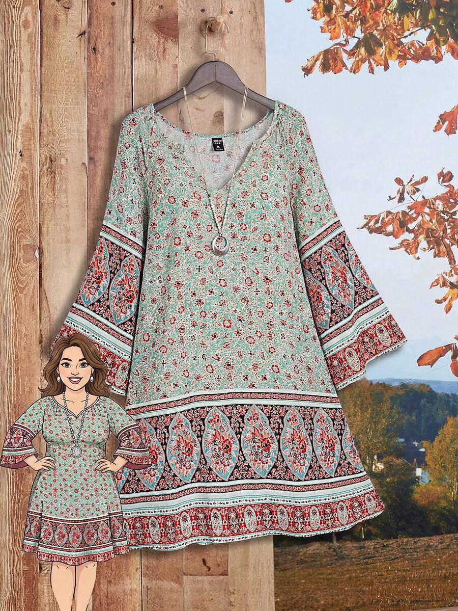 Rusticease Plus Size Patterned Midi Dress,Fall Women Clothes - Mint Green - View 1